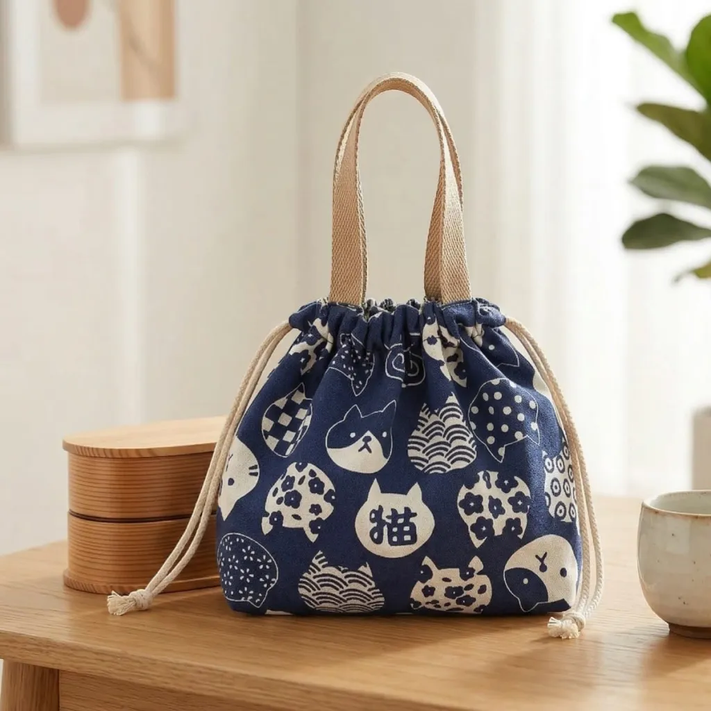 Japanese Cotton Lunch Bag - Cat Print