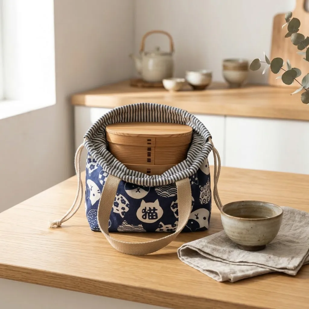 Japanese Cotton Lunch Bag - Cat Print — flexible, beautiful styling