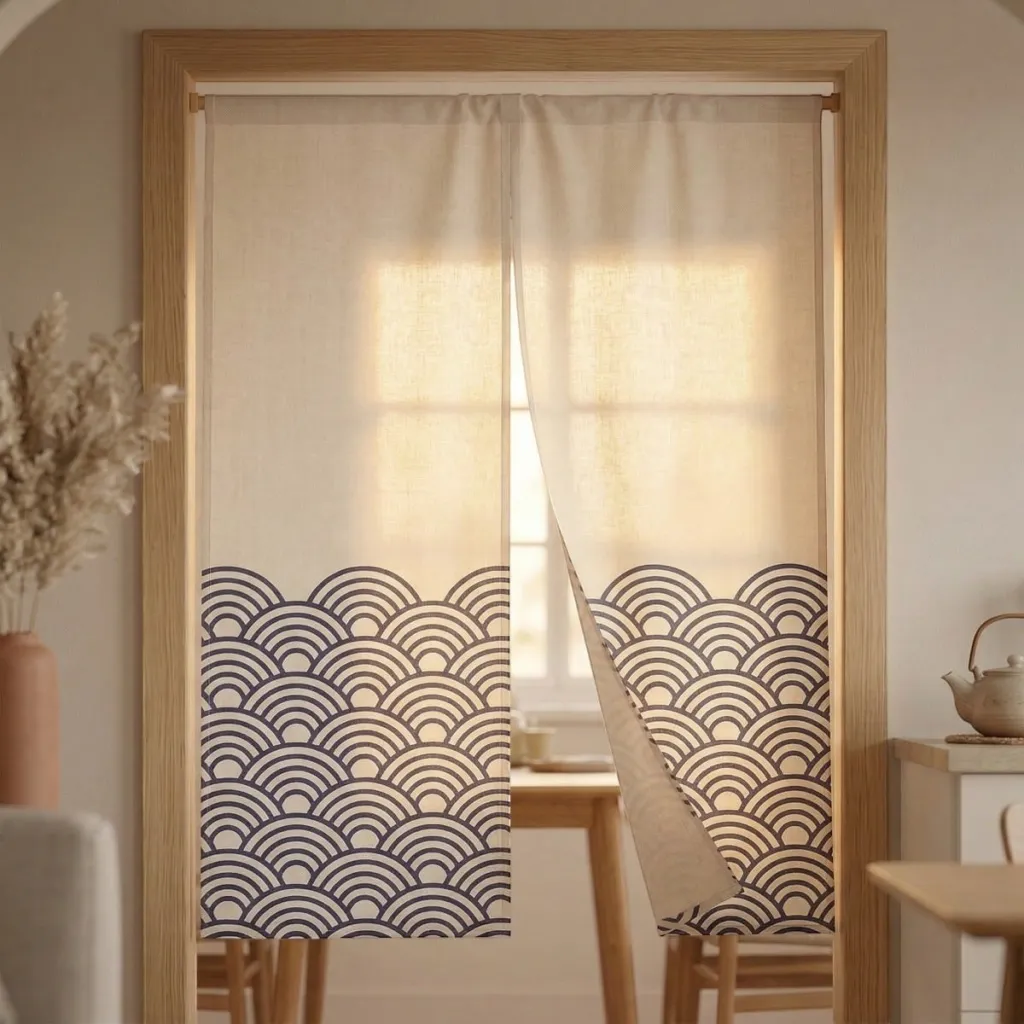 White Japanese Curtain with Navy Blue Wave Pattern, Double Opening