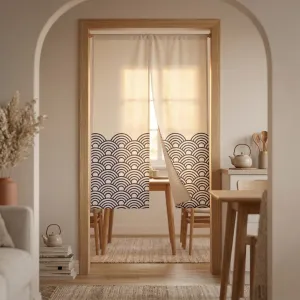 White Japanese Curtain with Navy Blue Wave Pattern, Double Opening — view 2