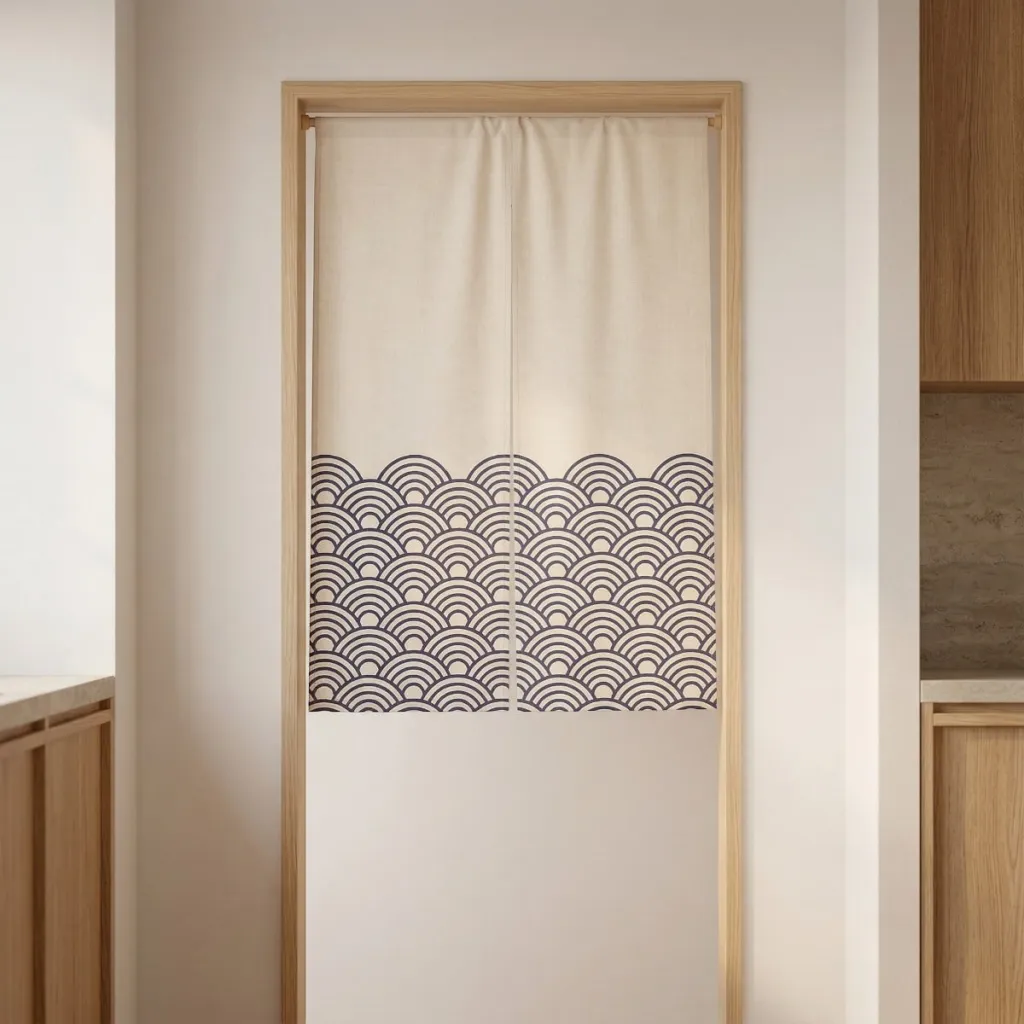 White Japanese Curtain with Navy Blue Wave Pattern, Double Opening — where minimalism meets durability
