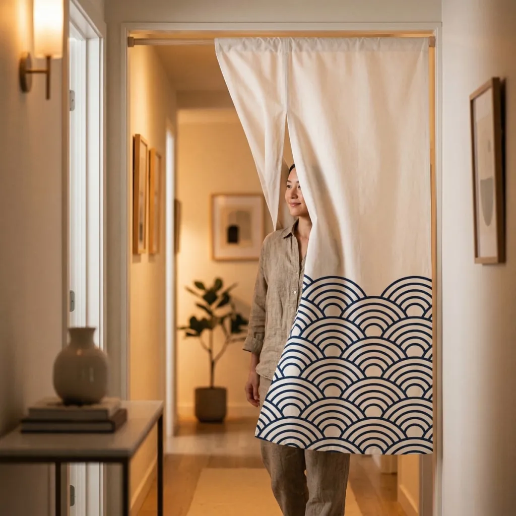 White Japanese Curtain with Navy Blue Wave Pattern, Double Opening — flexible, beautiful styling