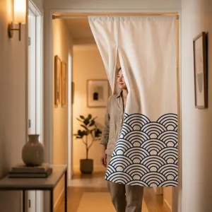 White Japanese Curtain with Navy Blue Wave Pattern, Double Opening — view 4