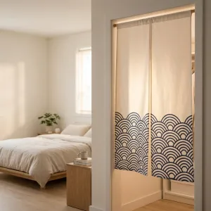 White Japanese Curtain with Navy Blue Wave Pattern, Double Opening — view 5
