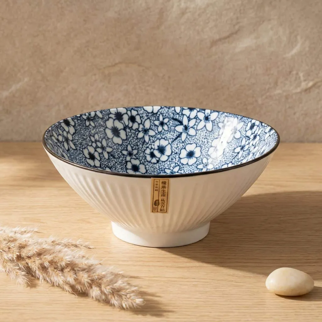 Japanese Fluted Ceramic Bowl with Blue Sakura Pattern