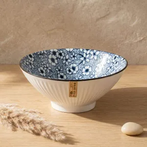Japanese Fluted Ceramic Bowl with Blue Sakura Pattern — view 1
