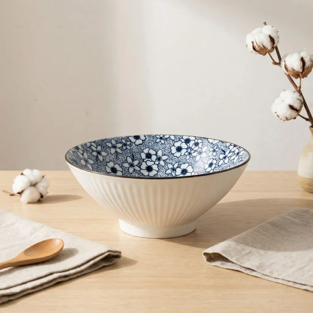 Japanese Fluted Ceramic Bowl with Blue Sakura Pattern — a piece designed for serenity