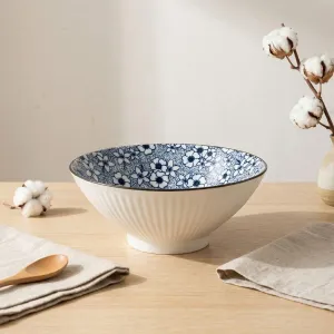 Japanese Fluted Ceramic Bowl with Blue Sakura Pattern — view 2