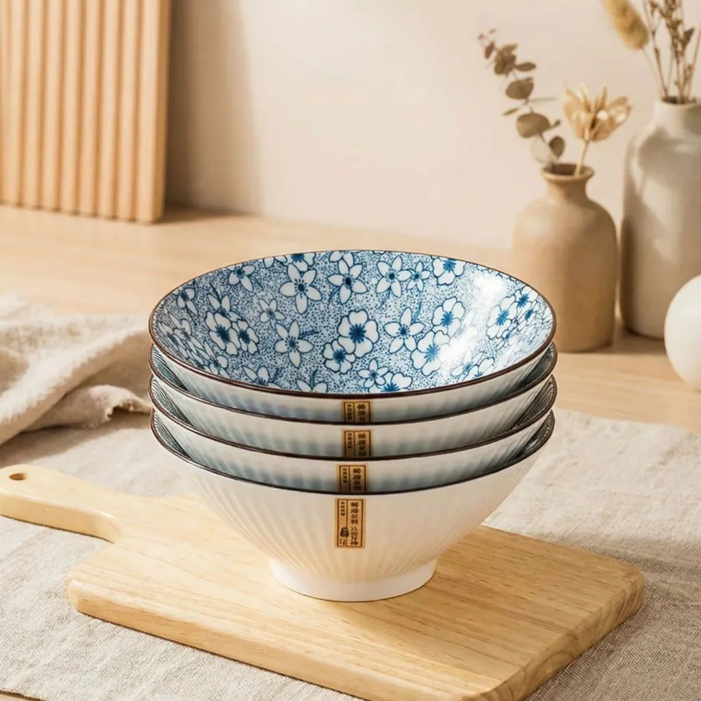 Japanese Fluted Ceramic Bowl with Blue Sakura Pattern — where minimalism meets durability