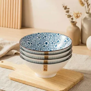 Japanese Fluted Ceramic Bowl with Blue Sakura Pattern — view 3