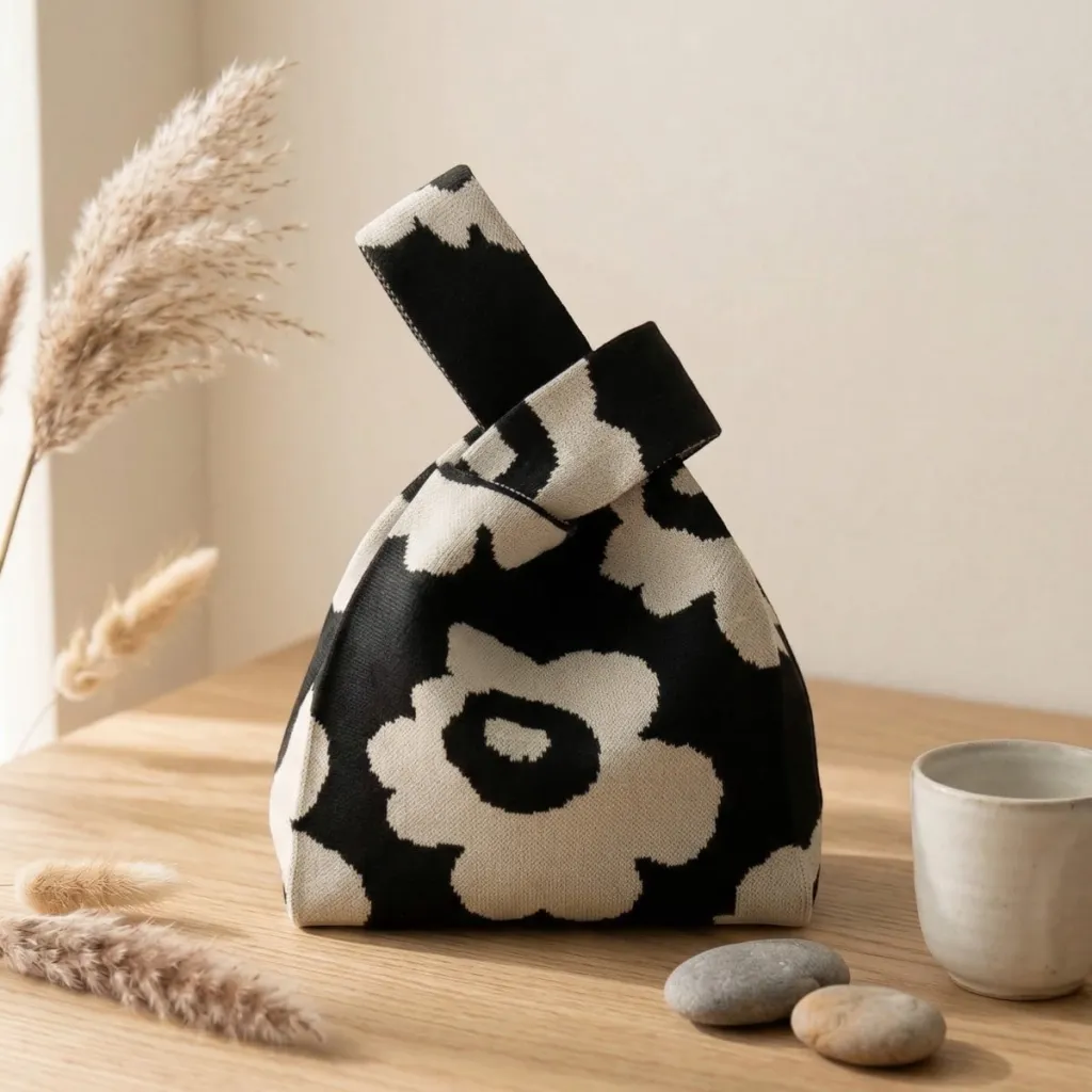 Japanese Kinchaku Knit Bag - Floral Pattern