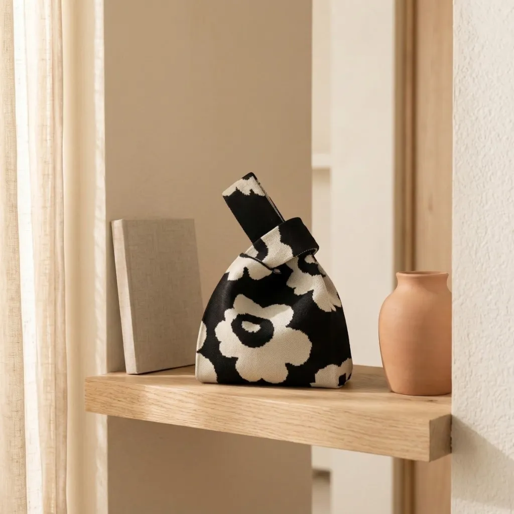 Japanese Kinchaku Knit Bag - Floral Pattern — a piece designed for serenity