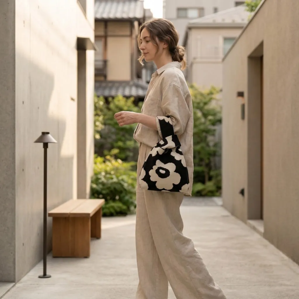 Japanese Kinchaku Knit Bag - Floral Pattern — flexible, beautiful styling