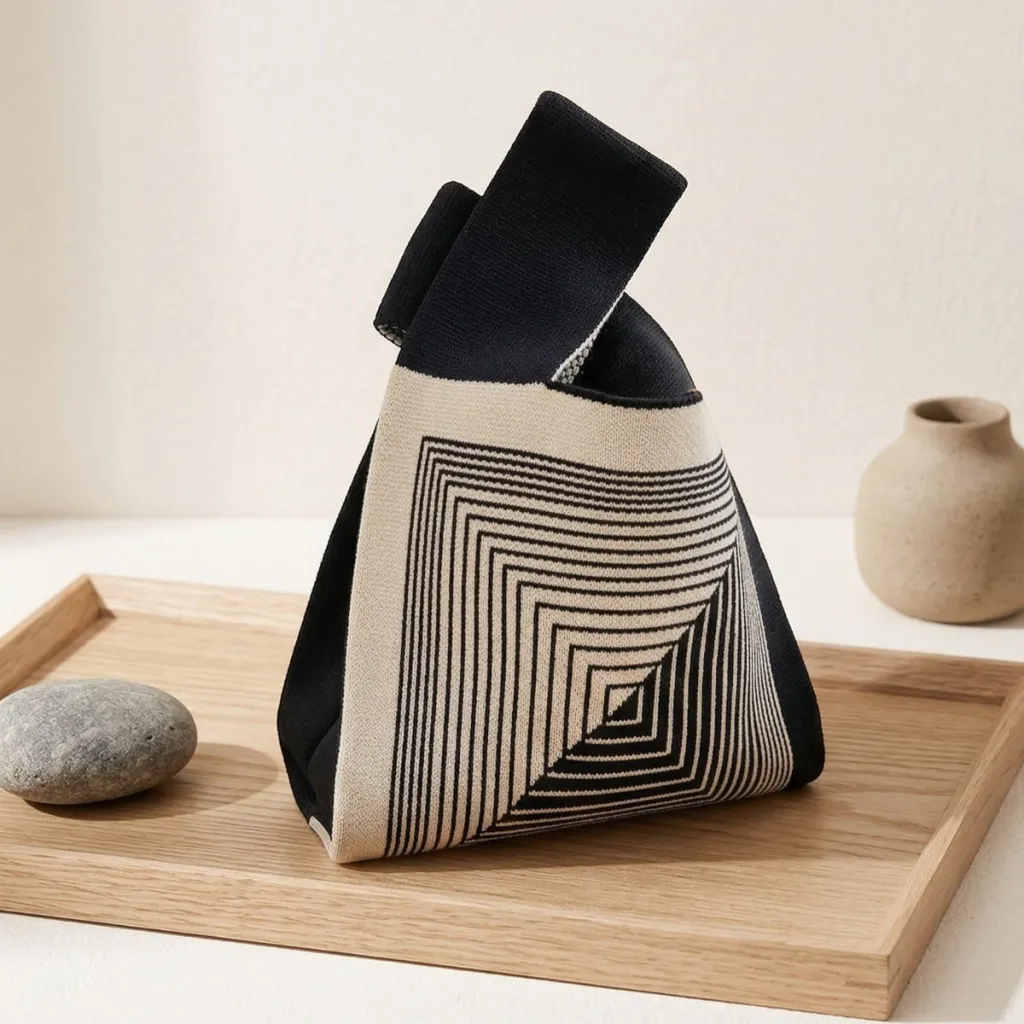 Japanese Kinchaku Knit Bag - Geometric Pattern