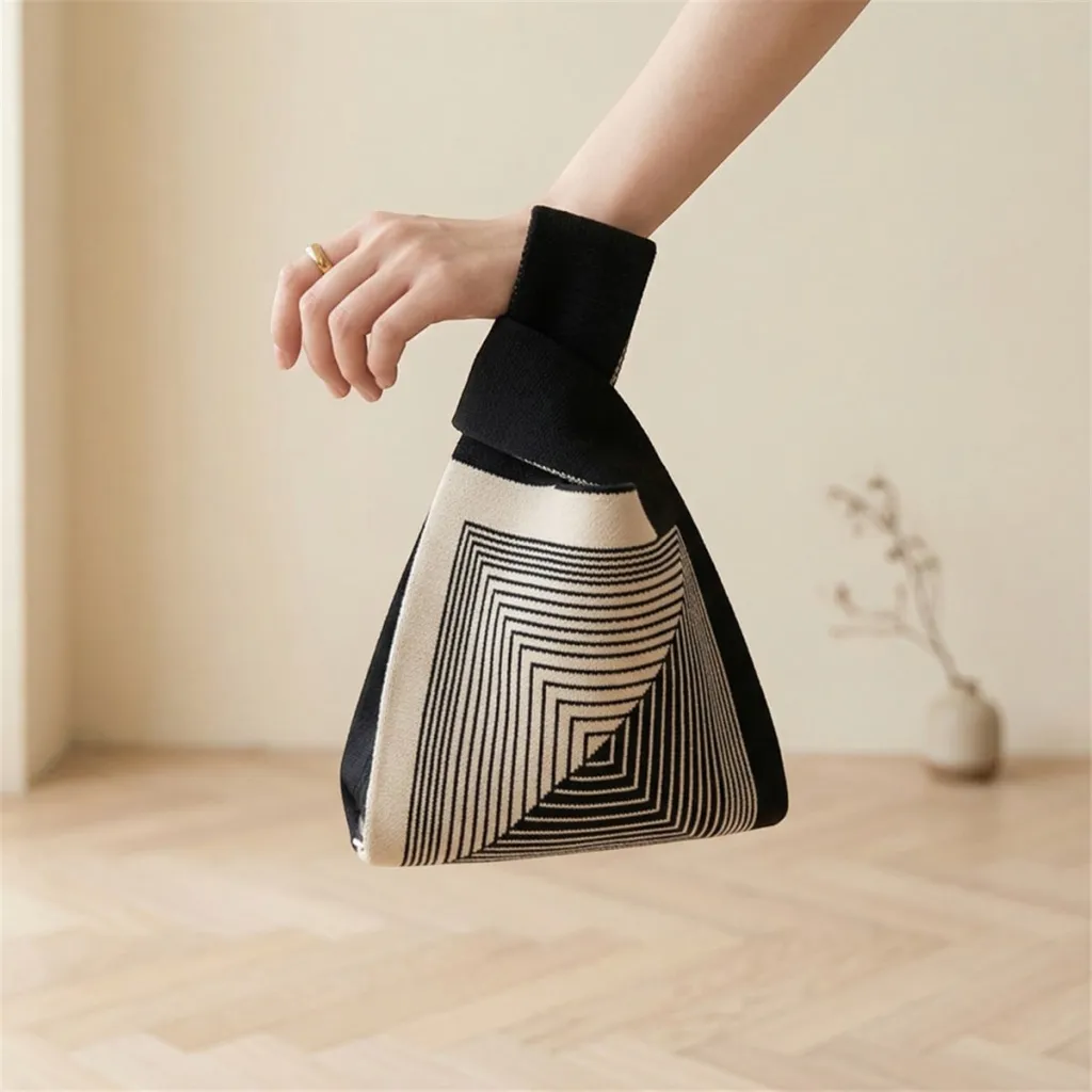 Japanese Kinchaku Knit Bag - Geometric Pattern — a piece designed for serenity