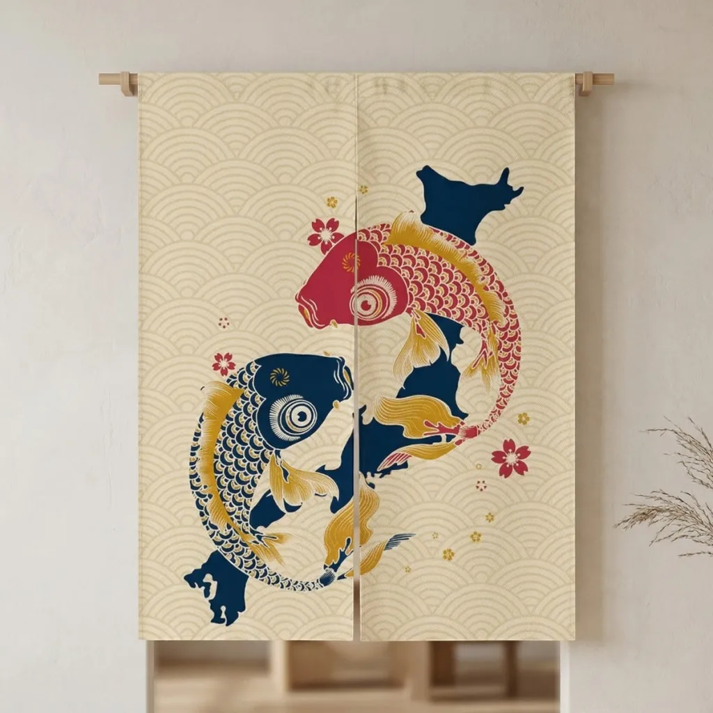 Japanese Double Koi Fish Curtain, Beige Background