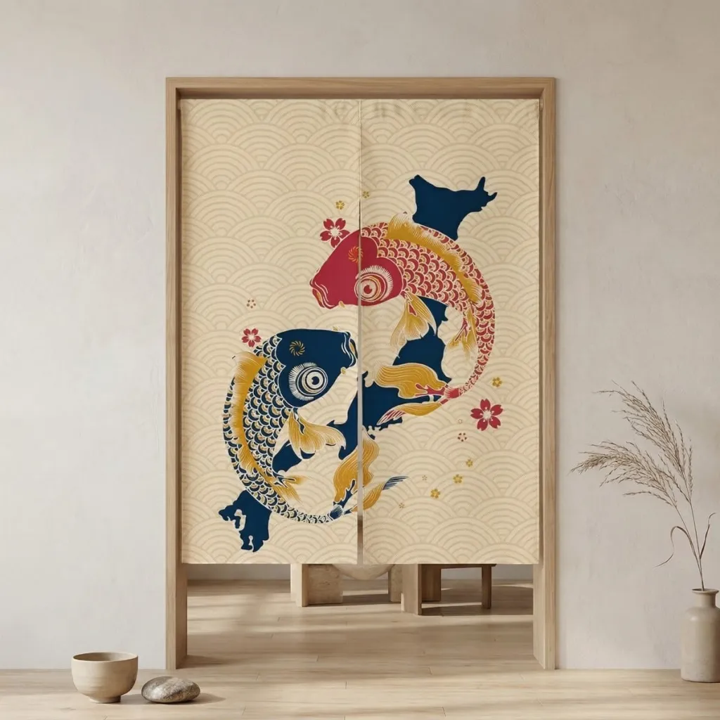 Japanese Double Koi Fish Curtain, Beige Background — a piece designed for serenity