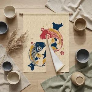 Japanese Double Koi Fish Curtain, Beige Background — view 3