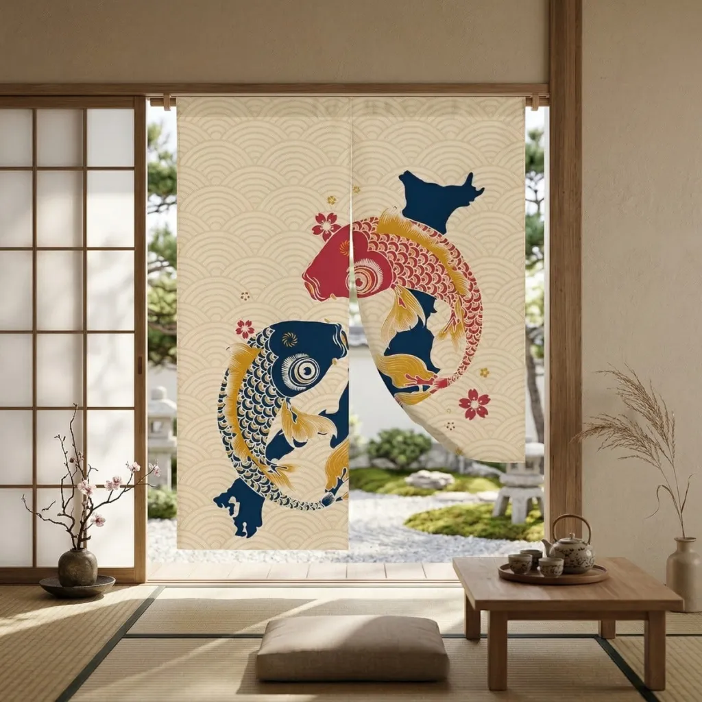 Japanese Double Koi Fish Curtain, Beige Background — flexible, beautiful styling