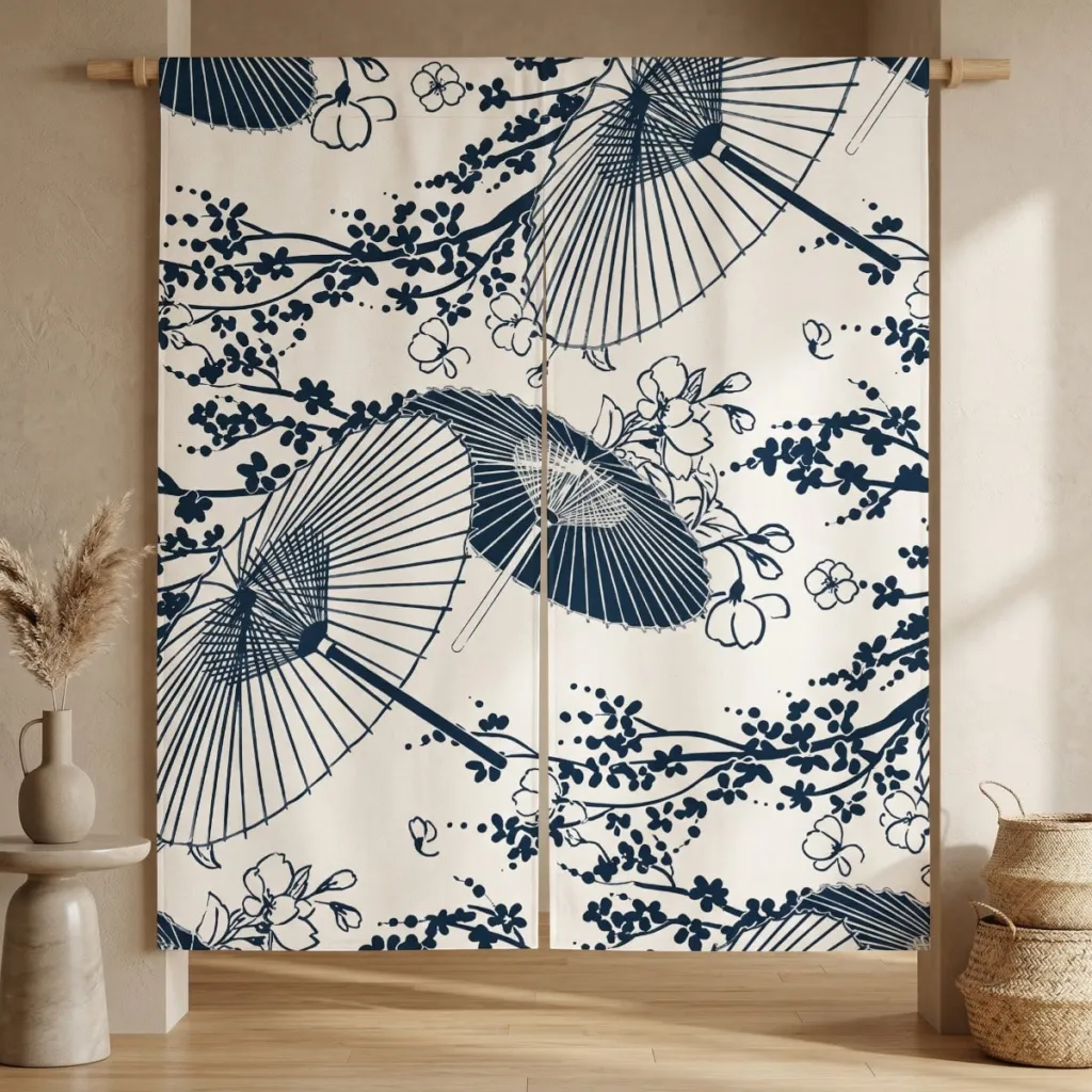 Navy Blue Japanese Noren Curtain with Sakura Parasol Print