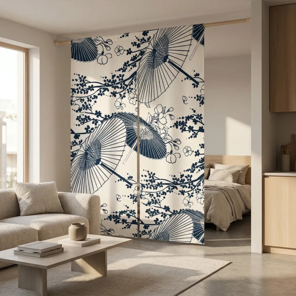 Navy Blue Japanese Noren Curtain with Sakura Parasol Print — a piece designed for serenity