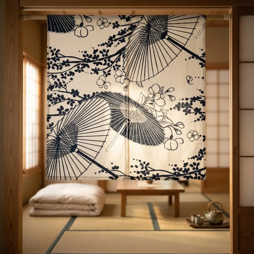 Navy Blue Japanese Noren Curtain with Sakura Parasol Print — where minimalism meets durability