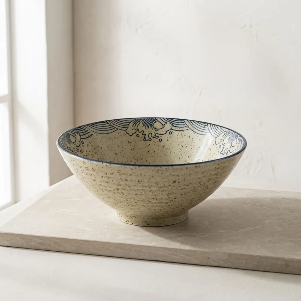 Japanese Stoneware Bowl with Wave Pattern