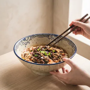 Japanese Stoneware Bowl with Wave Pattern — view 2