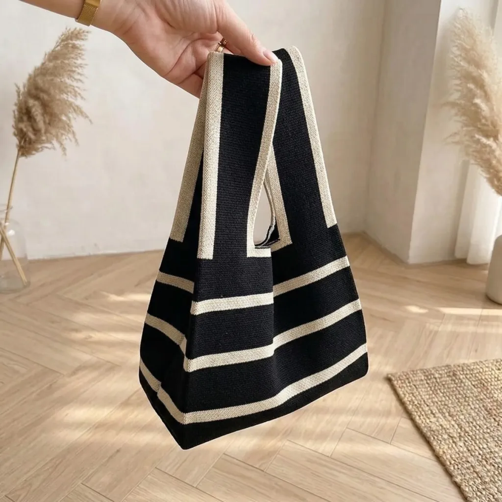 Japanese Striped Knit Bag with Large Handles — a piece designed for serenity