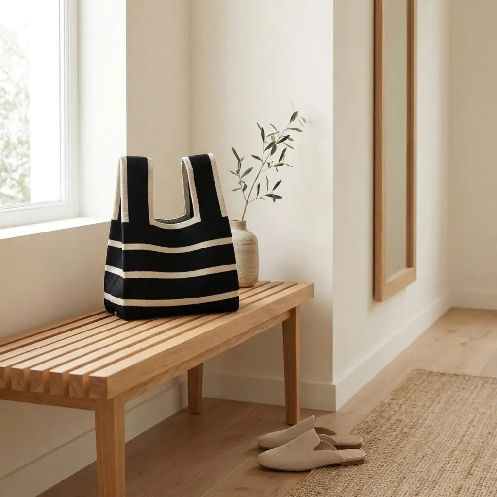 Japanese Striped Knit Bag with Large Handles — flexible, beautiful styling