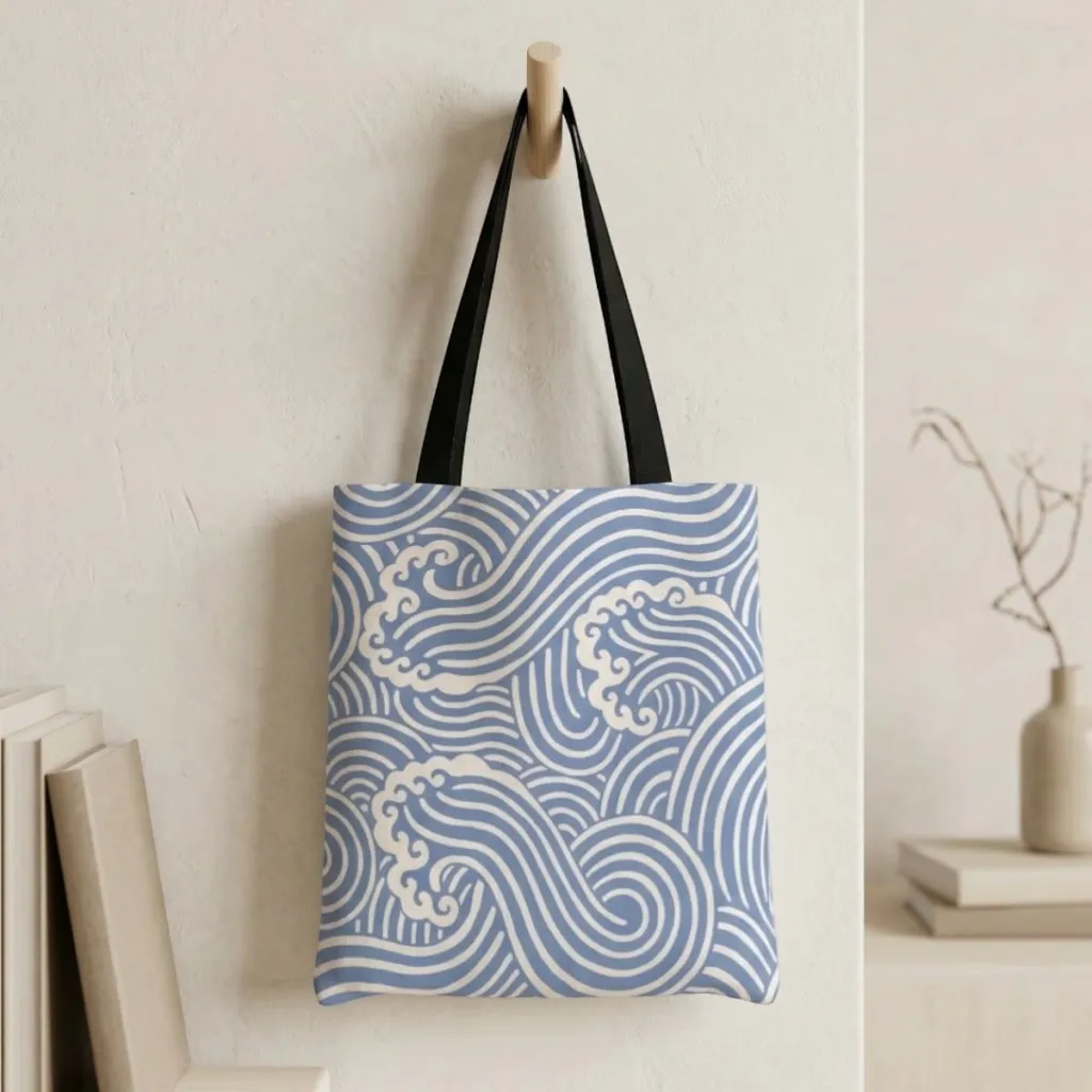 Japanese Tote Bag, Blue Wave Print