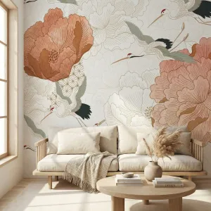 Elegant Japanese Wallpaper with Cranes and Peonies, Terracotta — view 1