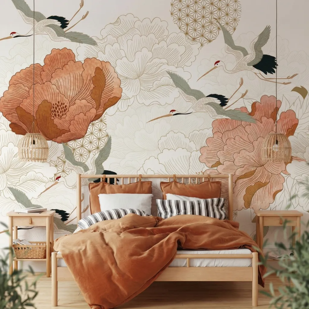 Elegant Japanese Wallpaper with Cranes and Peonies, Terracotta — a piece designed for serenity
