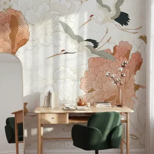 Elegant Japanese Wallpaper with Cranes and Peonies, Terracotta — view 3