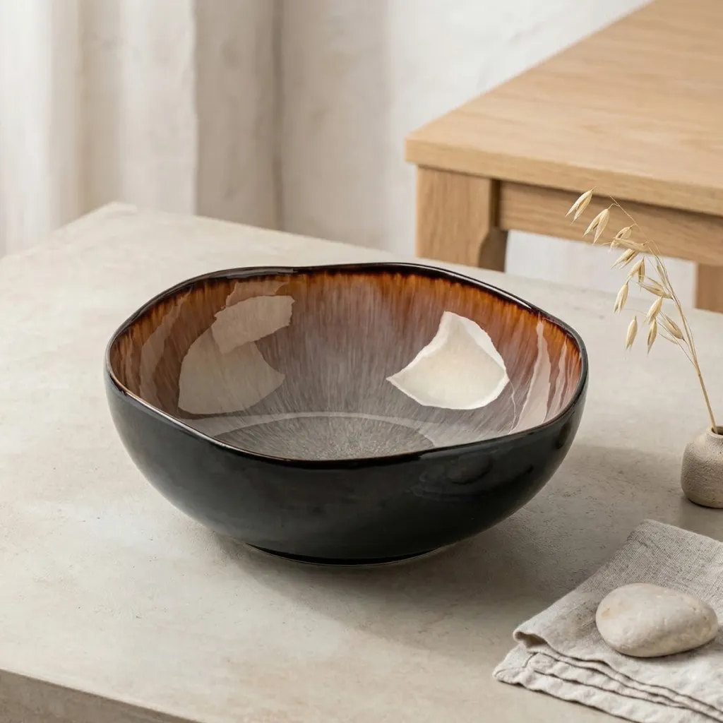 Large Japanese Glazed Ceramic Bowl in Natural Tones