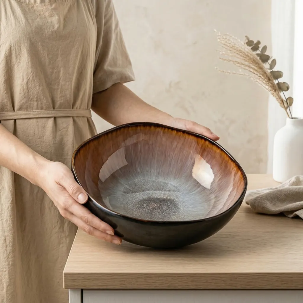 Large Japanese Glazed Ceramic Bowl in Natural Tones — flexible, beautiful styling