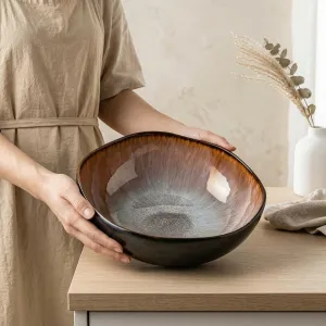 Large Japanese Glazed Ceramic Bowl in Natural Tones — view 4