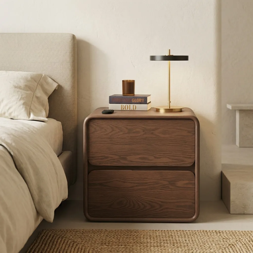 Luxury Japandi Nightstand in Solid Wood, Bauhaus Design — a piece designed for serenity