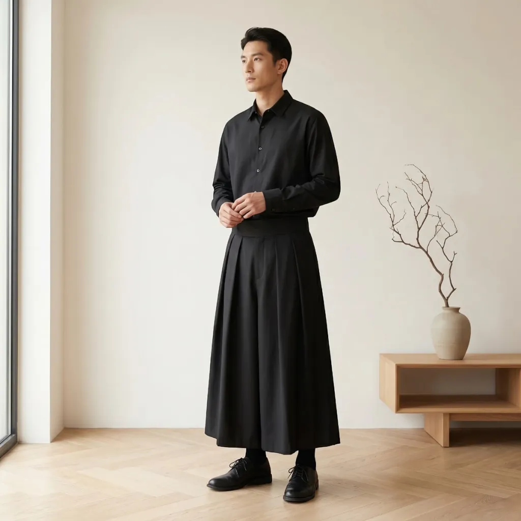 Men's Black Hakama-Style Japanese Pants