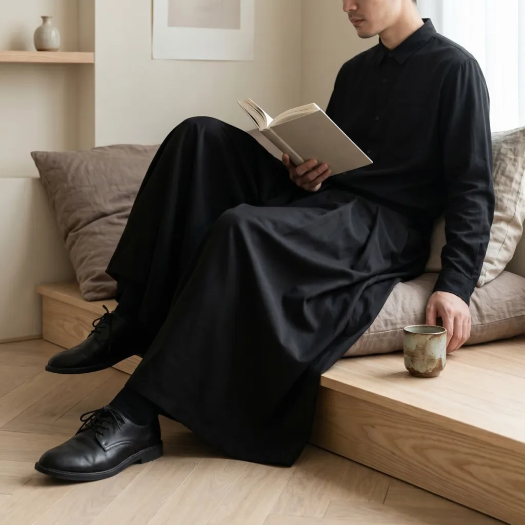 Men's Black Hakama-Style Japanese Pants — a piece designed for serenity