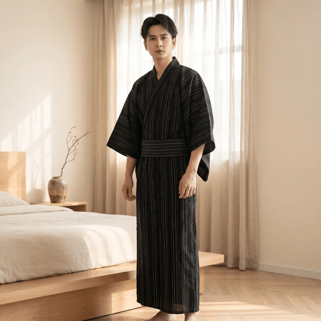 Men's Black Striped Yukata with Obi