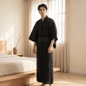 Men's Black Striped Yukata with Obi — view 1