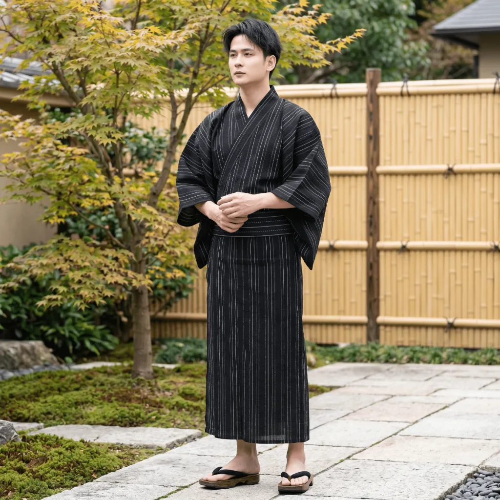 Men's Black Striped Yukata with Obi — a piece designed for serenity