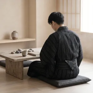 Men's Black Striped Yukata with Obi — view 3