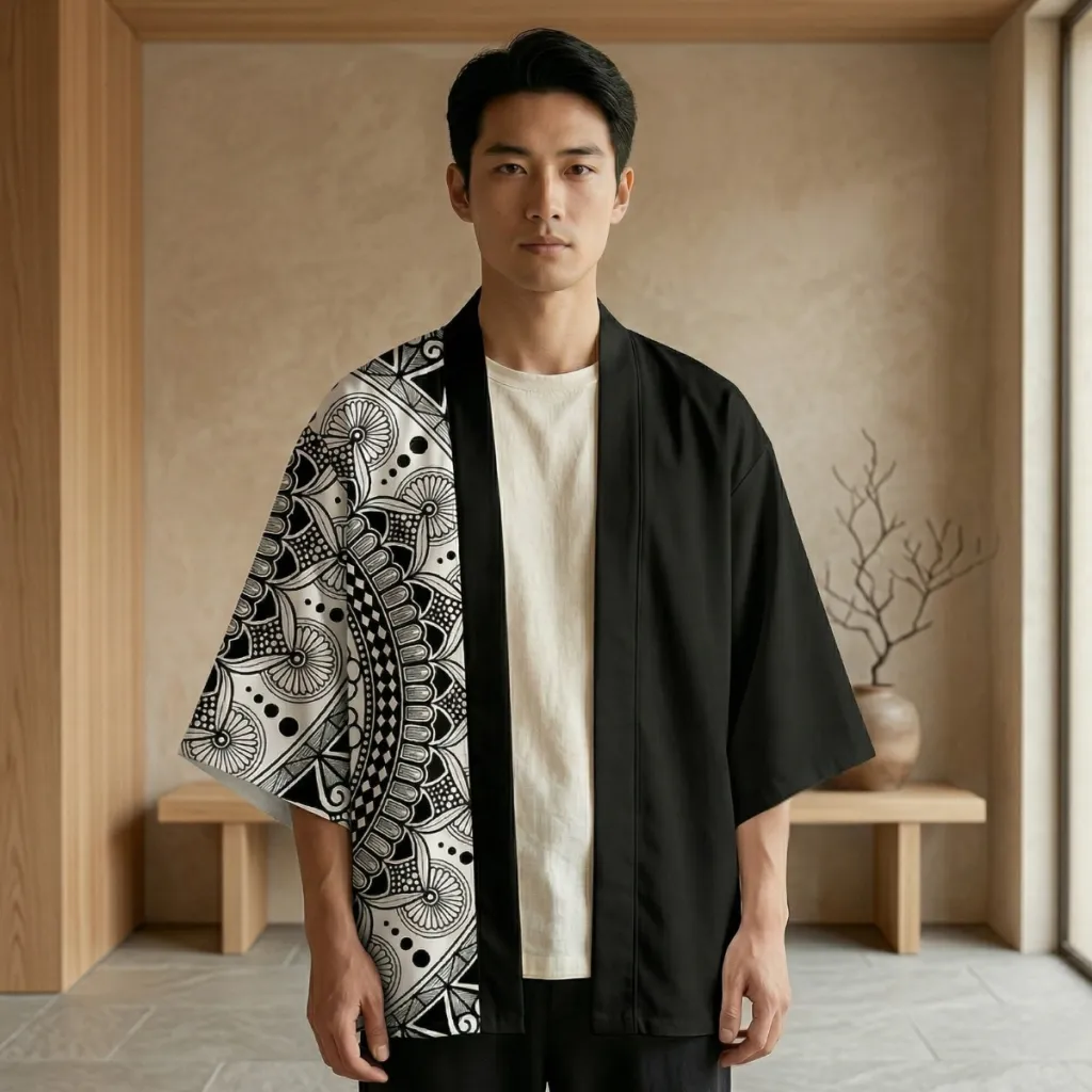 Men's Black and White Haori Jacket with Mandala Print