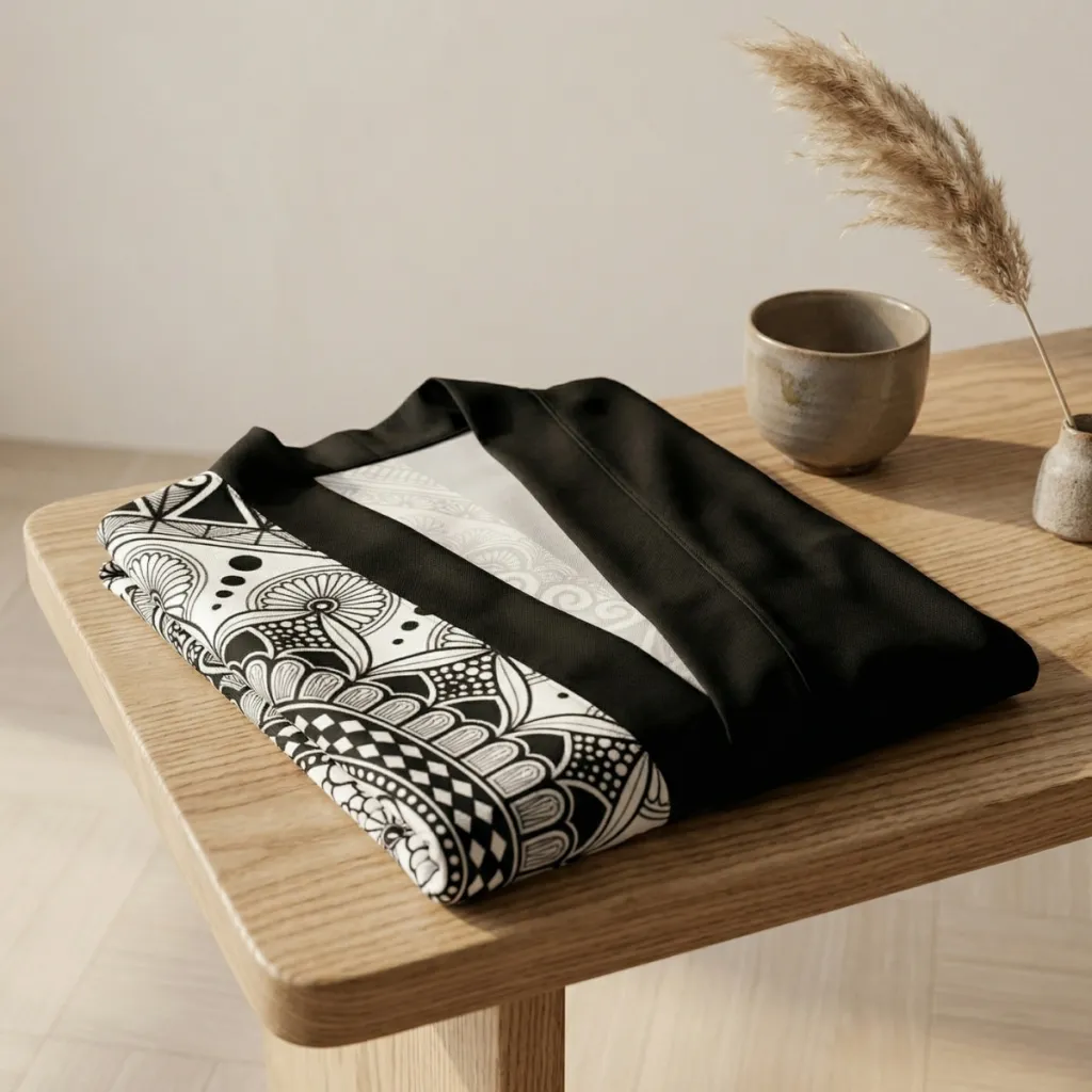 Men's Black and White Haori Jacket with Mandala Print — a piece designed for serenity