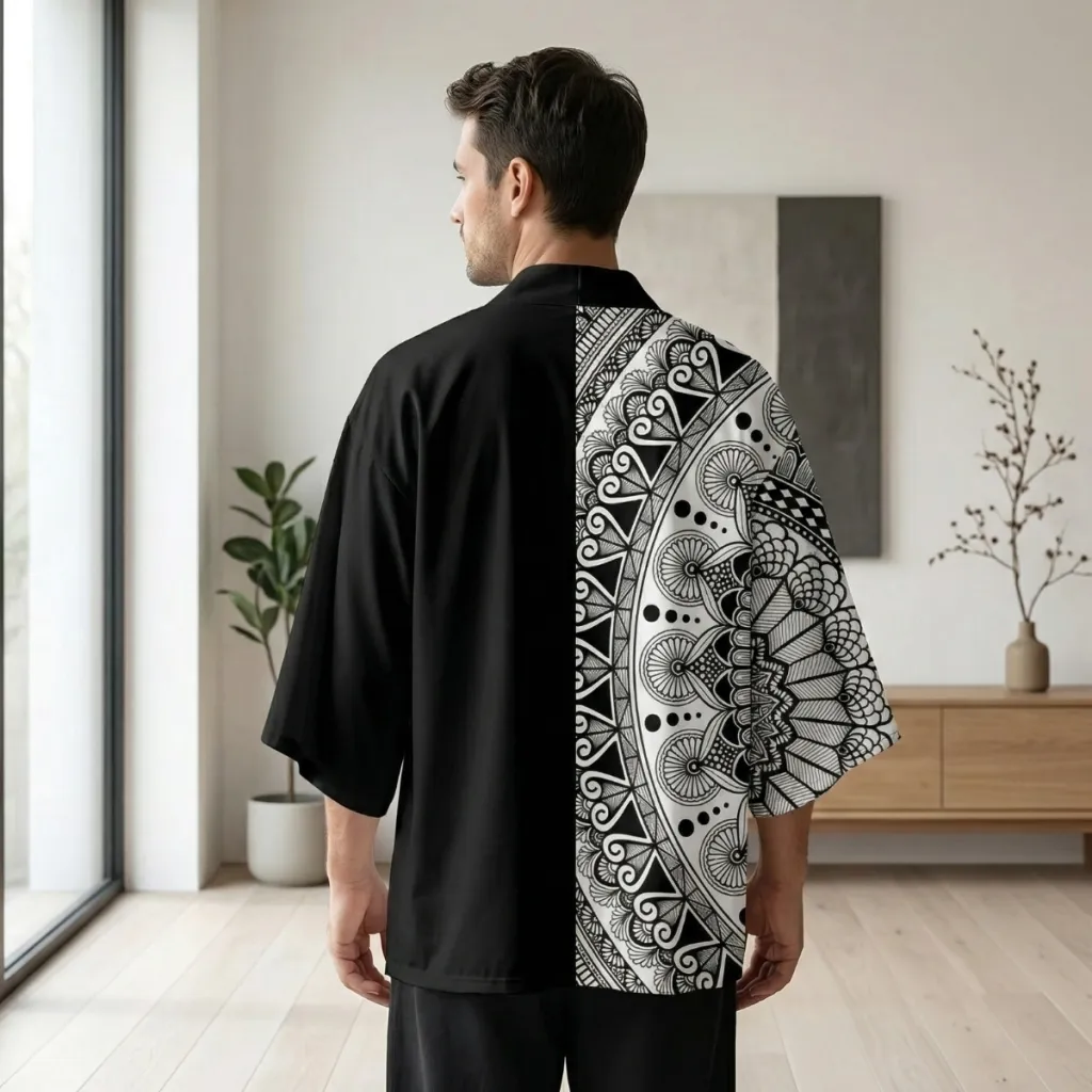 Men's Black and White Haori Jacket with Mandala Print — where minimalism meets durability