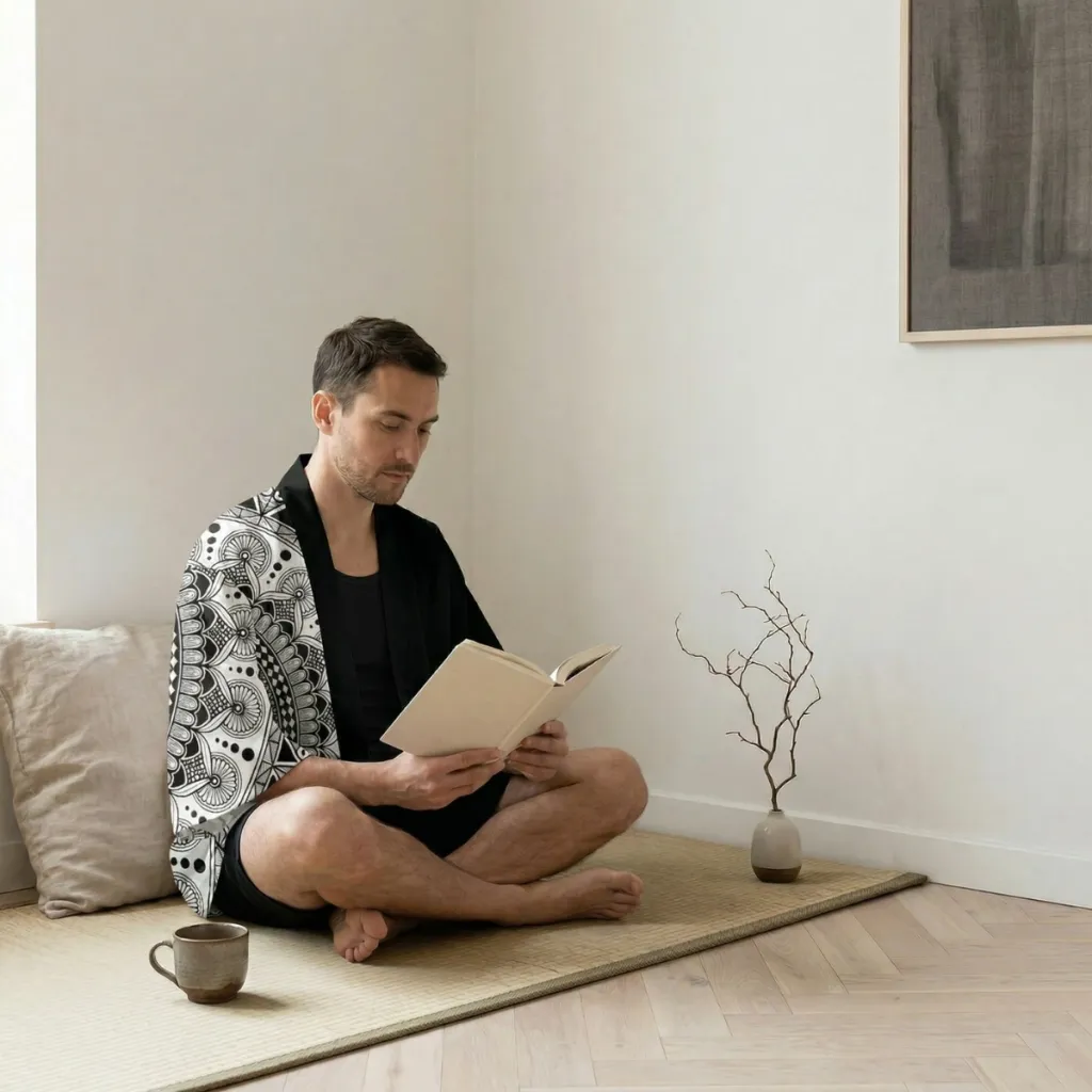 Men's Black and White Haori Jacket with Mandala Print — flexible, beautiful styling