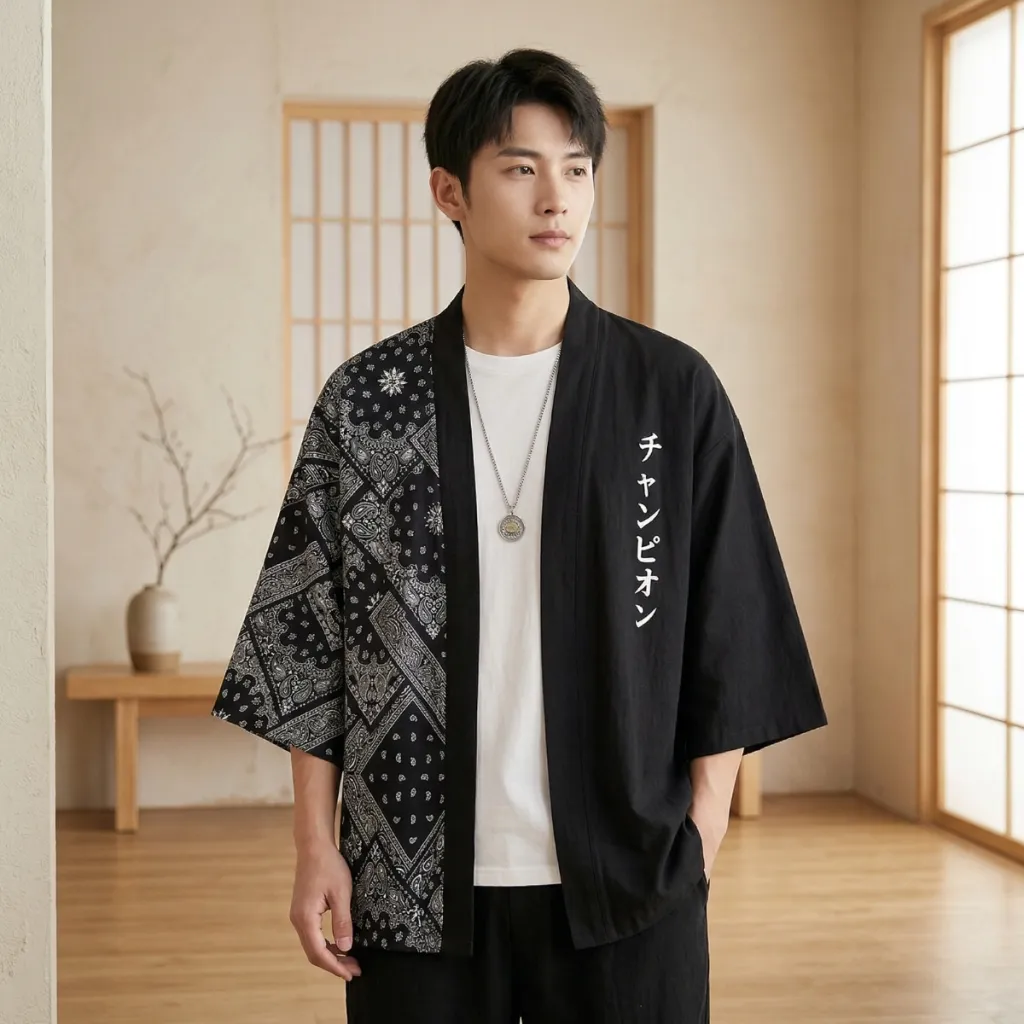 Men's Haori Jacket with Black and White Paisley Print