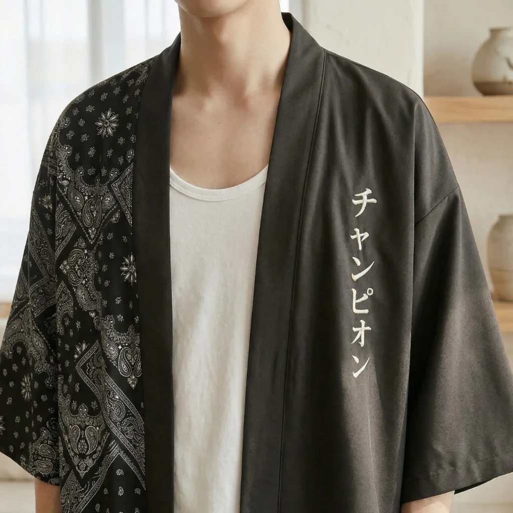 Men's Haori Jacket with Black and White Paisley Print — a piece designed for serenity
